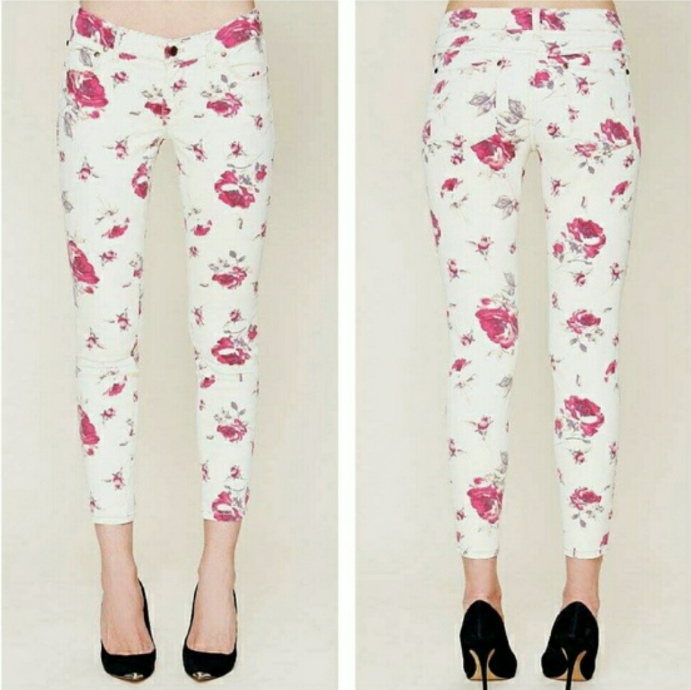 FREE PEOPLE Rose Print cropped denim pants